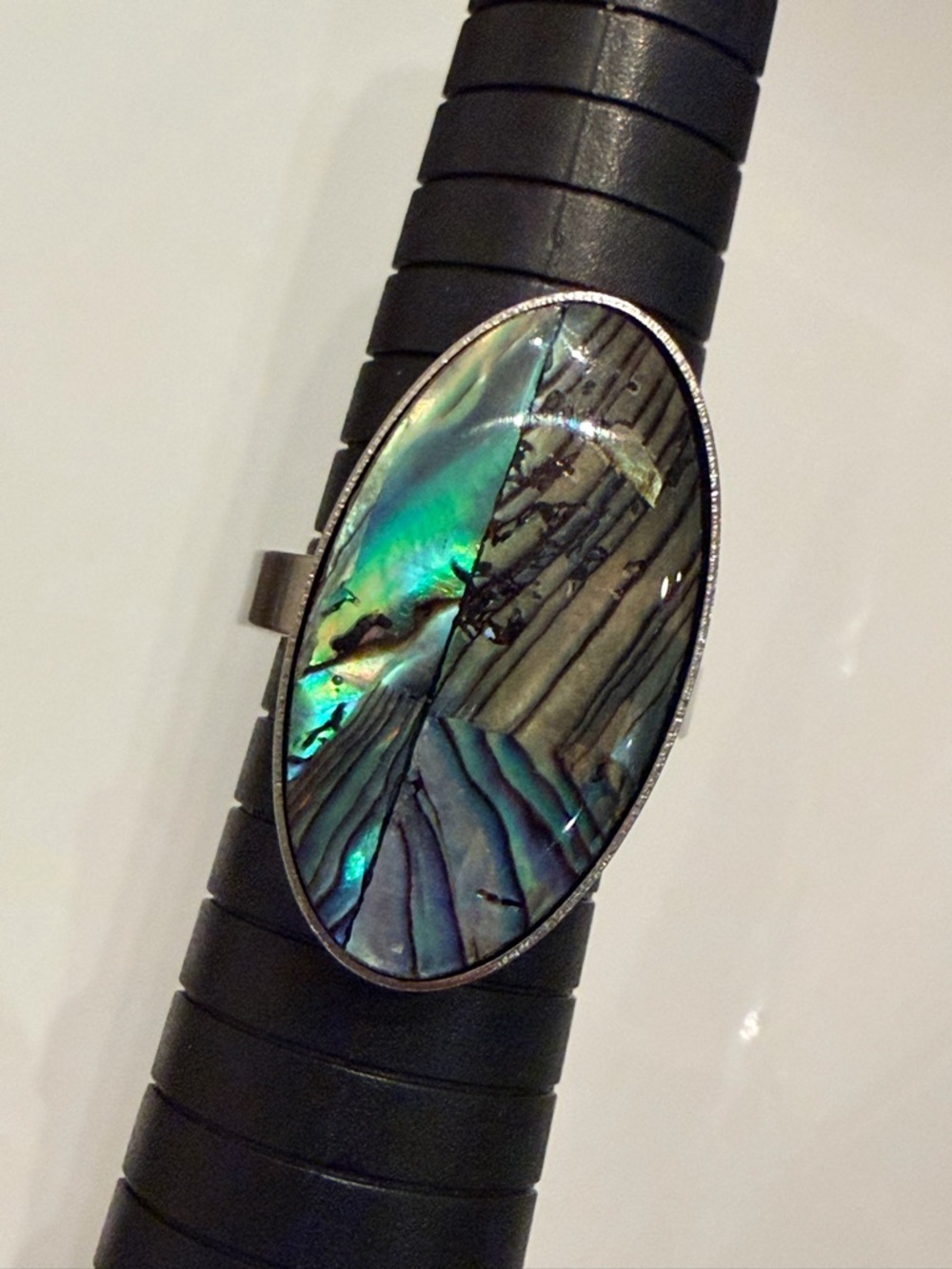 Modern Abalone Shell Inlay Oval Statement Ring - Iridescent Green Blue